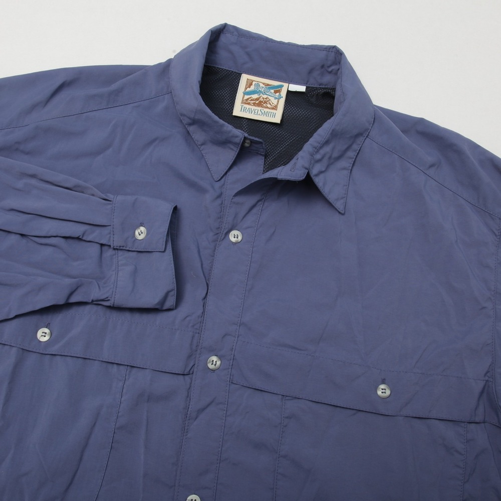 TravelSmith Men's L Blue Nylon Vented Roll-Up Sleeve Outdoor Fishing Shirt